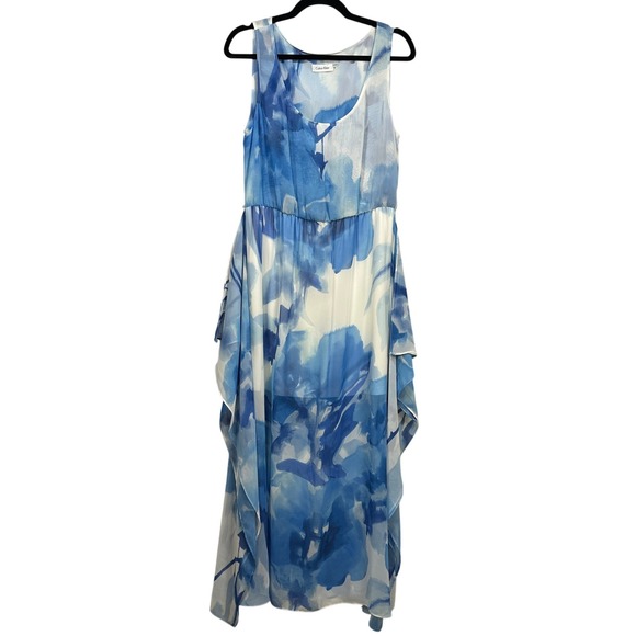 Calvin Klein Dresses & Skirts - Calvin Klein Blue Watercolor Floral Chiffon Handkerchief Hem Maxi Dress Women 12